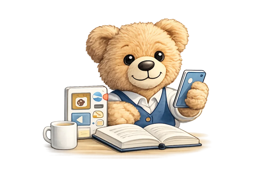 Teddy, die Markenfigur von Teddynews, sitzt am Schreibtisch mit Tablet, Telefon, aufgeschlagenem Buch und einer Tasse Kaffee — Teddynews baut hilfreiche, sichere KI-Werkzeuge